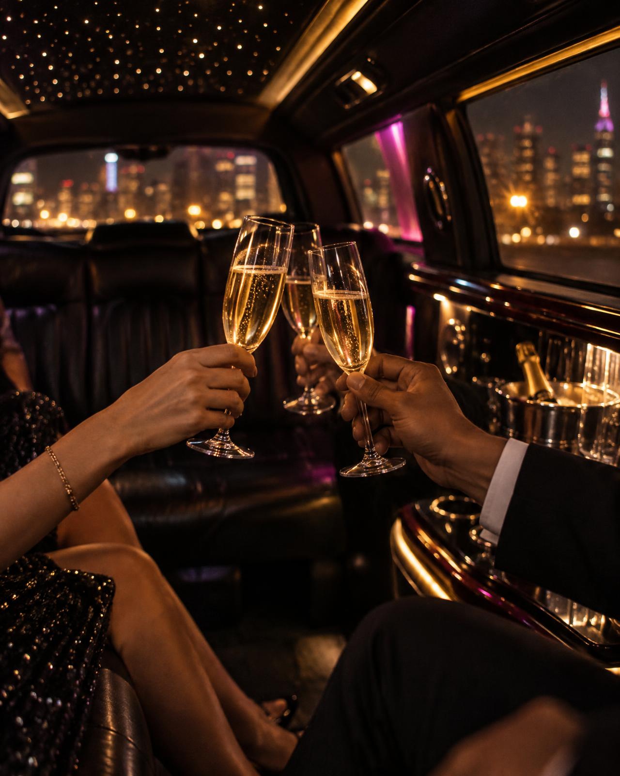 Inside a party limousine at night